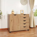 Naomi Home Amy 5-Drawer Rolling Storage Cabinet with Shelves - Natural | 5 Spacious Drawers • Storage Cabinet With 2 Shelves • Smooth-Rolling Casters • Spacious Tabletop • Modern Space-Saving Design