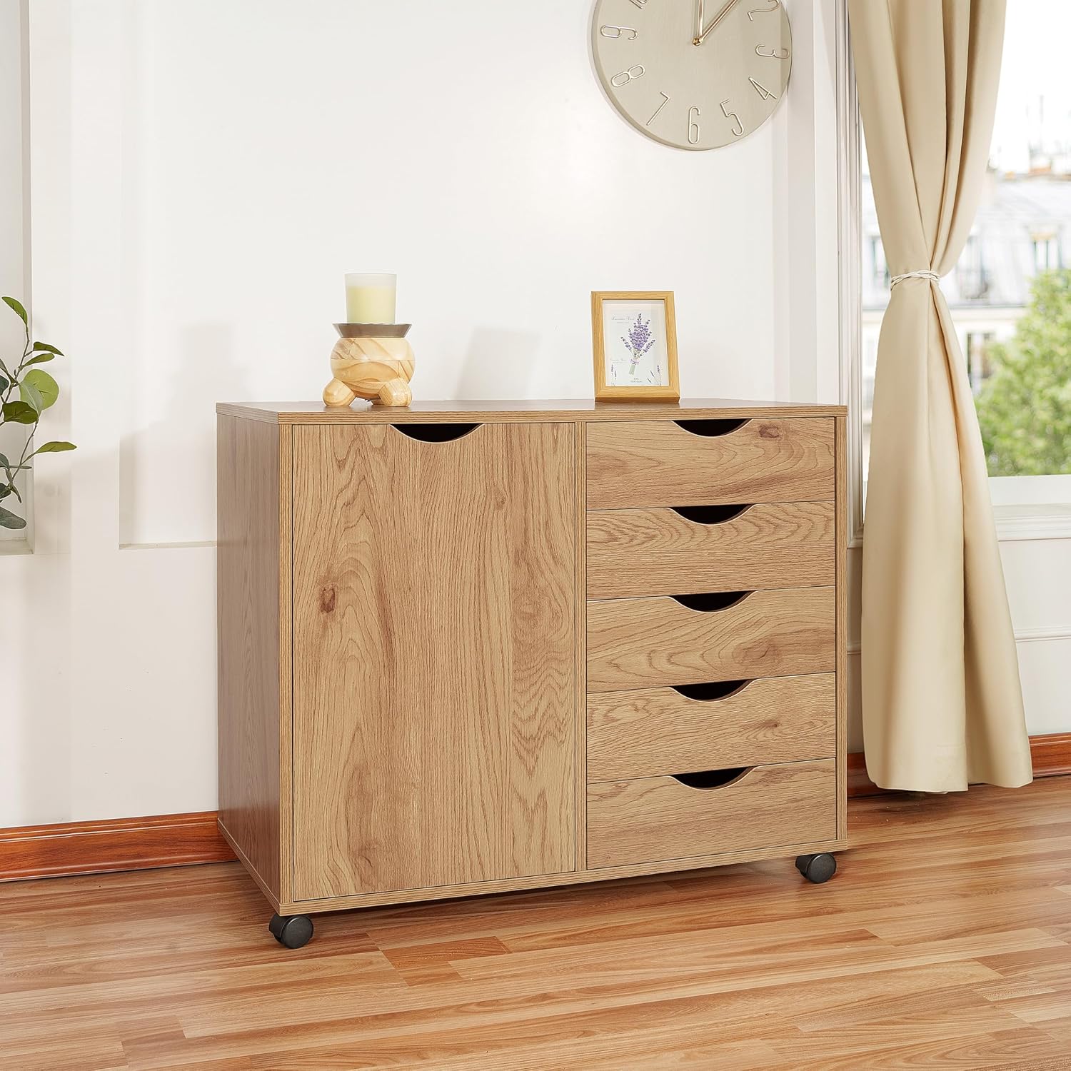 Naomi Home Amy 5-Drawer Rolling Storage Cabinet with Shelves - Natural | 5 Spacious Drawers • Storage Cabinet With 2 Shelves • Smooth-Rolling Casters • Spacious Tabletop • Modern Space-Saving Design