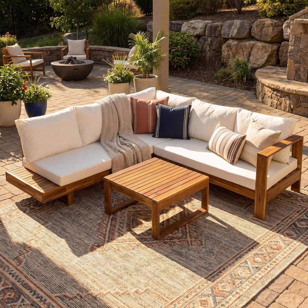 4pc Acacia Wood Outdoor Sectional Sofa Set with Cushions | Slatted Design - Modern Patio, Deck & Garden Seating for Ultimate Comfort