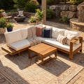 4pc Acacia Wood Outdoor Sectional Sofa Set with Cushions | Slatted Design - Modern Patio, Deck & Garden Seating for Ultimate Comfort