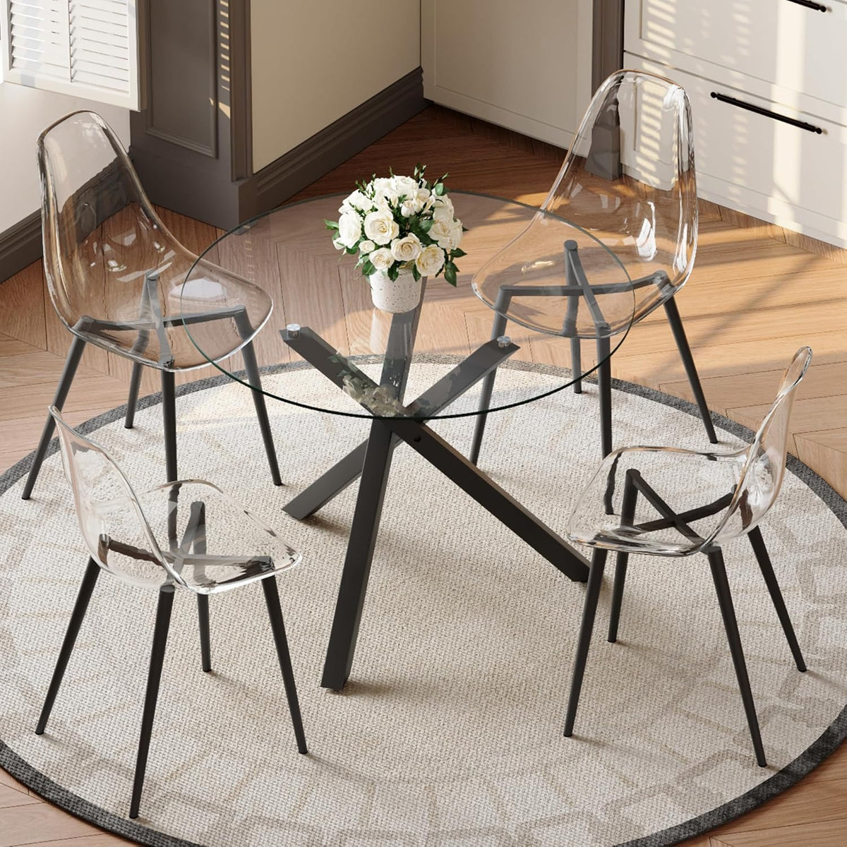 Round Dining Table Set for 4, 39" Glass Dining Table Set with Black Adjustable X-Shaped Metal Leg&4 Clear Acrylic Chairs with Chrome Legs, Small Space-Saving Table Set Ideal for Kitchen, Dining Room