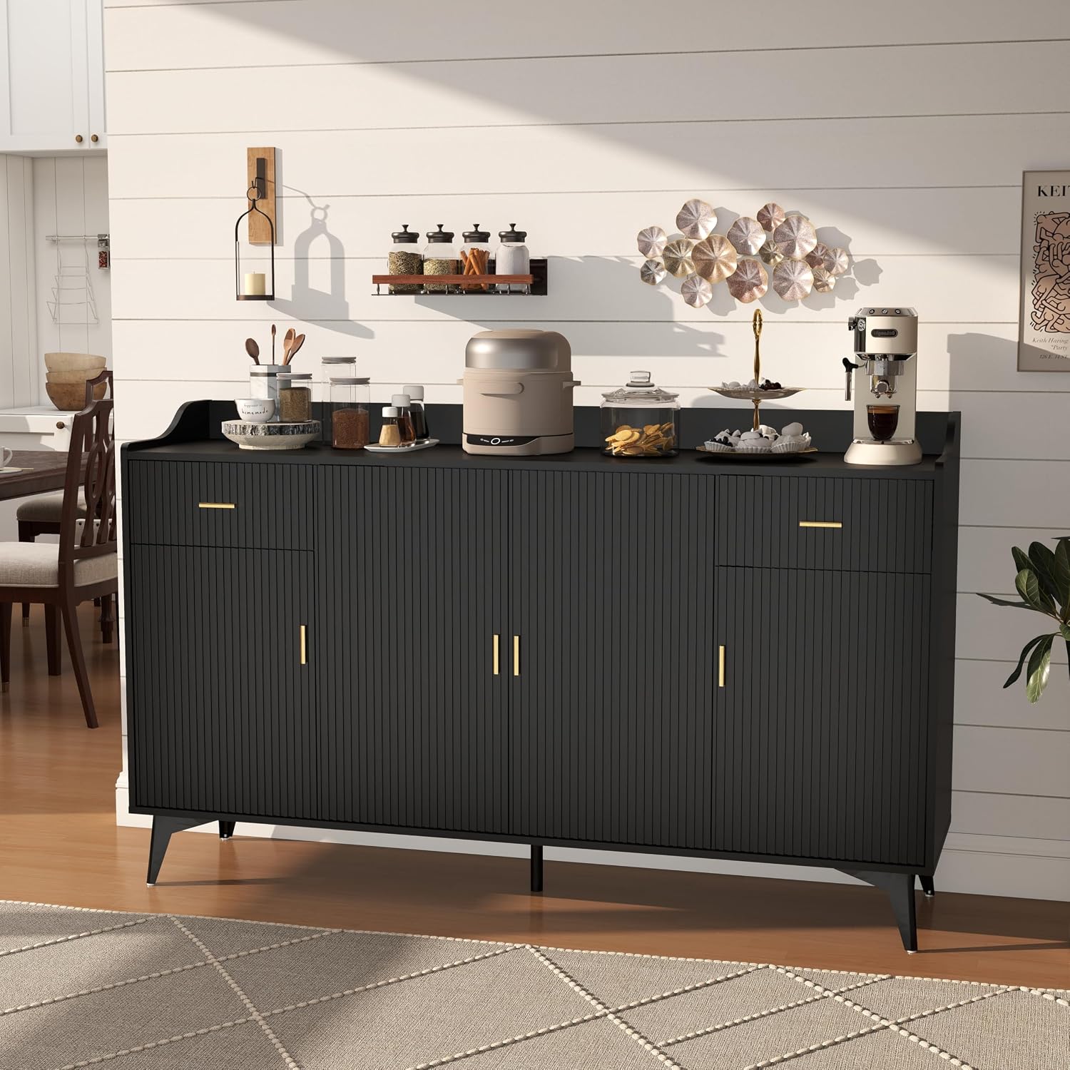 Sideboard Buffet Cabinet with Drawers: 63" Black Fluted Sideboard Cabinet with Storage, Modern Kitchen Cabinets Storage, Credenzas for Living Room(63")