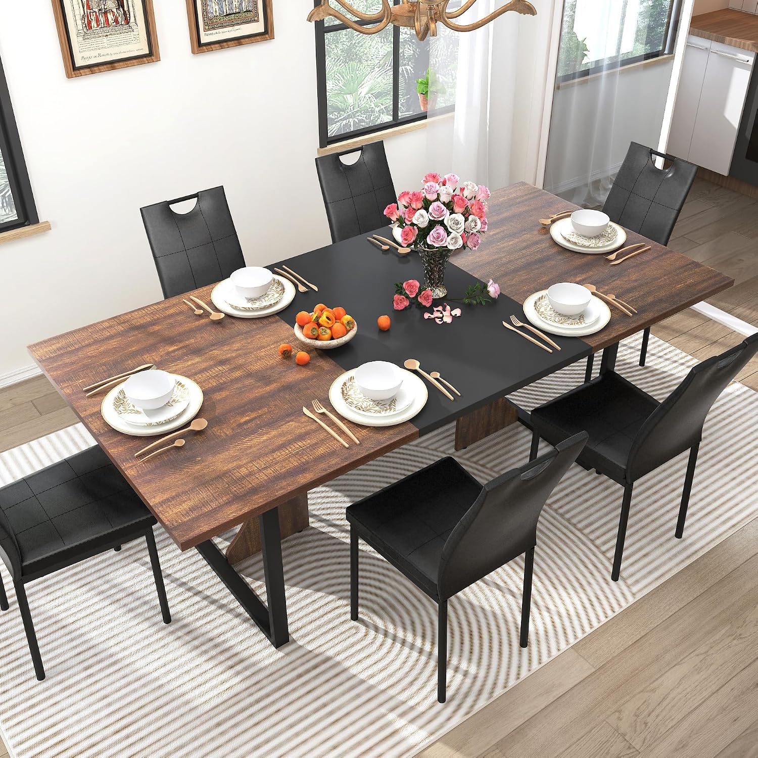 chartustriable 7PCS Dining Table Set with 6 Chairs for 4 5 6 People, 71" Large Wooden Kitchen Table Sets with 6 Upholstered Chairs,6-Person Kitchen Table & Chairs Set for Dining Room Kitchen(Brown)