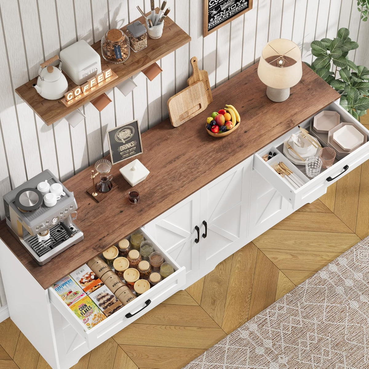 BOTLOG 2PCS Kitchen Cabinets, 71” Large Sideboard Buffet Cabinet with Storage, 72" Tall Pantry Cabinet with Microwave Stand, Wood Coffee Wine Bar Console Table for Kitchen, Dining Room, White