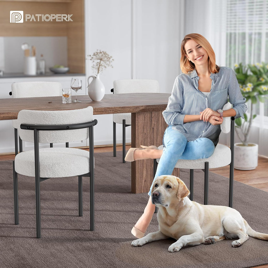 PatioPerk Boucle Dining Chairs Set of 6, White Mid Century Morden Chair with Curved Backrest, Round Upholstered Sherpa with Metal Legs, Suitable for Various Kitchen Styles