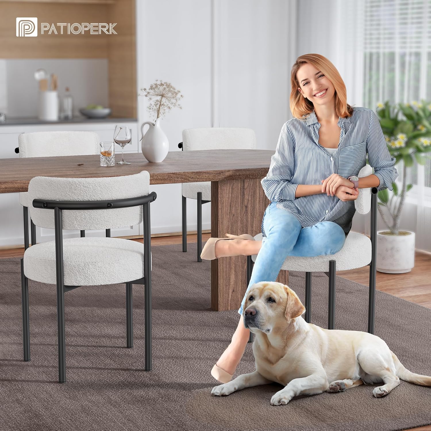 PatioPerk Boucle Dining Chairs Set of 6, White Mid Century Morden Chair with Curved Backrest, Round Upholstered Sherpa with Metal Legs, Suitable for Various Kitchen Styles