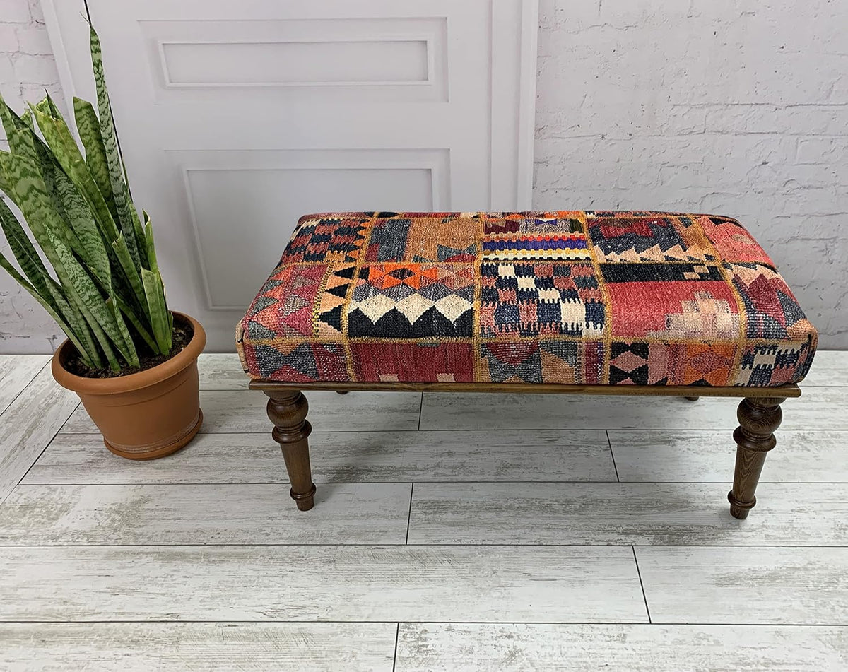 Rug Ottoman Bench, Upholstered Bench, Patchwork Bench, Bohemian Bench, Piano Bench, Entry Bench, Handmade Bench, Wood Bench, Bedroom Bench, Kitchen Bench, Dining Bench, Vintage Antique Bench