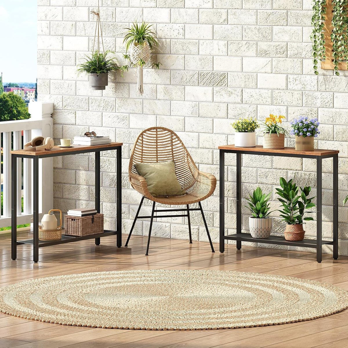 HOOBRO 29.5" Narrow Console Table, Set of 2, Small Entryway Table with Shelf, 2 Tier Thin Sofa Table, Behind Couch Table, Side Table, for Hallway, Living Room, Rustic Brown and Black BF74XGP201
