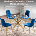 5-Piece Glass Dining Table Set, Modern Round Gold Dining Room Set with Tempered Glass Kitchen Table and 4 Blue Upholstered Chair for Apartment, Living Room