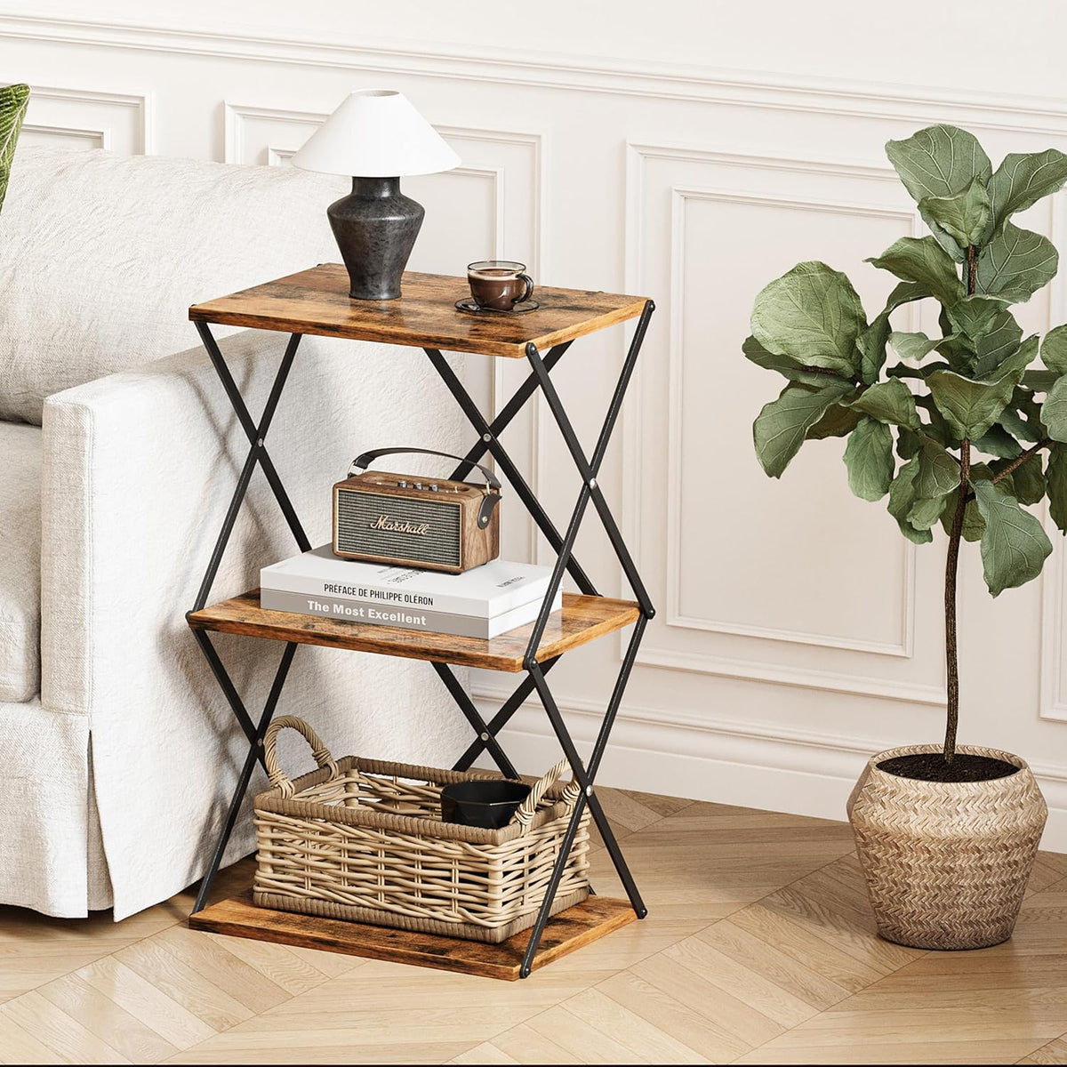 3-Tier End Table Small Side Table Tall Bedside Night Stand with Storage Sofa Side desks for Living Room Bedroom Office Bathroom Small Space Rustic Brown ET-03RB