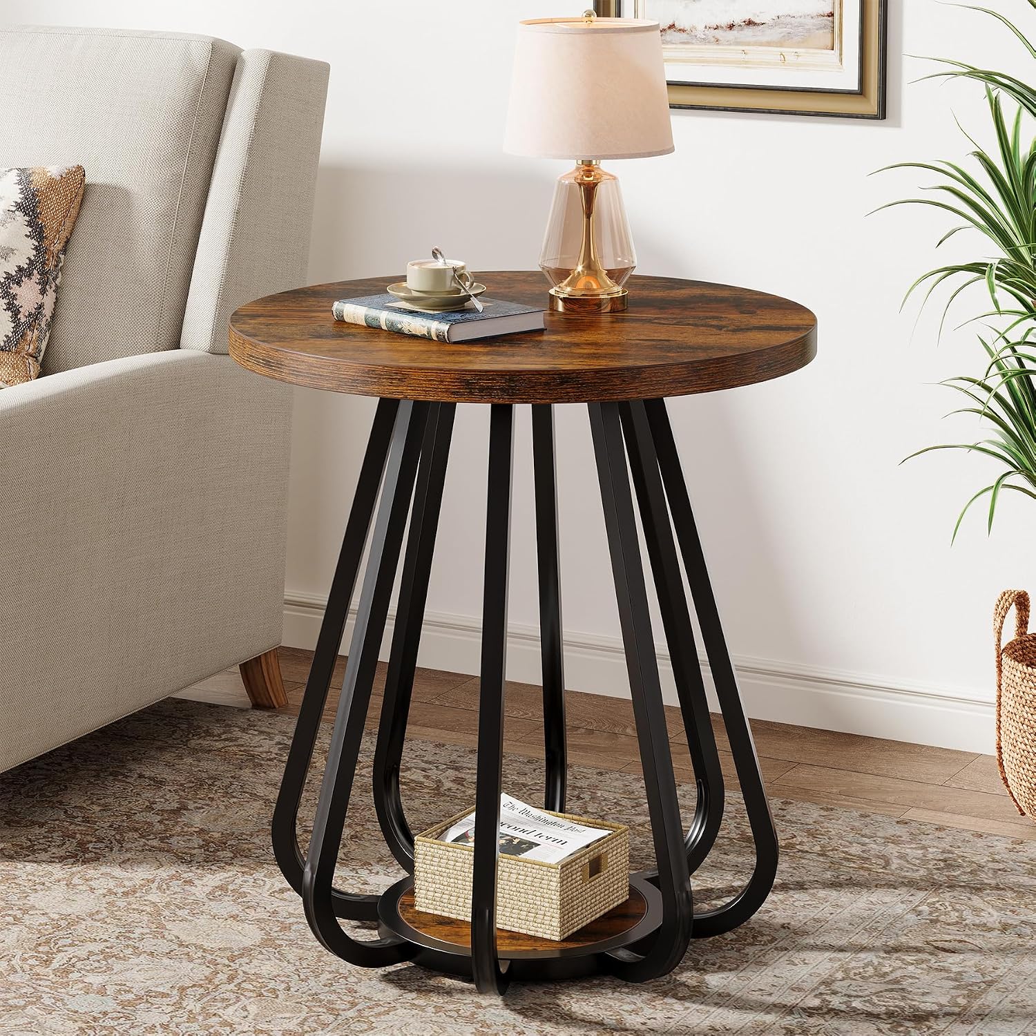 Tribesigns Round End Table with Storage, 2-Tier Side Table with Metal Frame and Lower Shelf, Small Accent Table Nightstand for Living Room, Bedroom, Small Spaces, Vintage Brown & Black