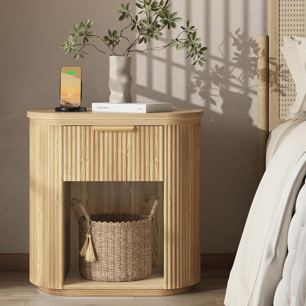 Fluted Nightstand with Charging Station 23.6" Large Round Bedside Table Oak