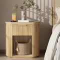 Fluted Nightstand with Charging Station 23.6" Large Round Bedside Table Oak