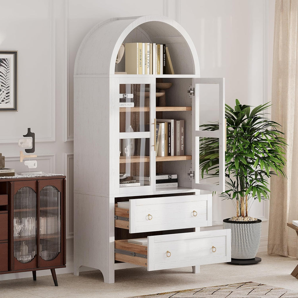 roomfitters 71" Pantry Cabinet with Arched Top and Glass Doors, 2 Storage Drawers and Adjustable Shelves for Kitchen, White