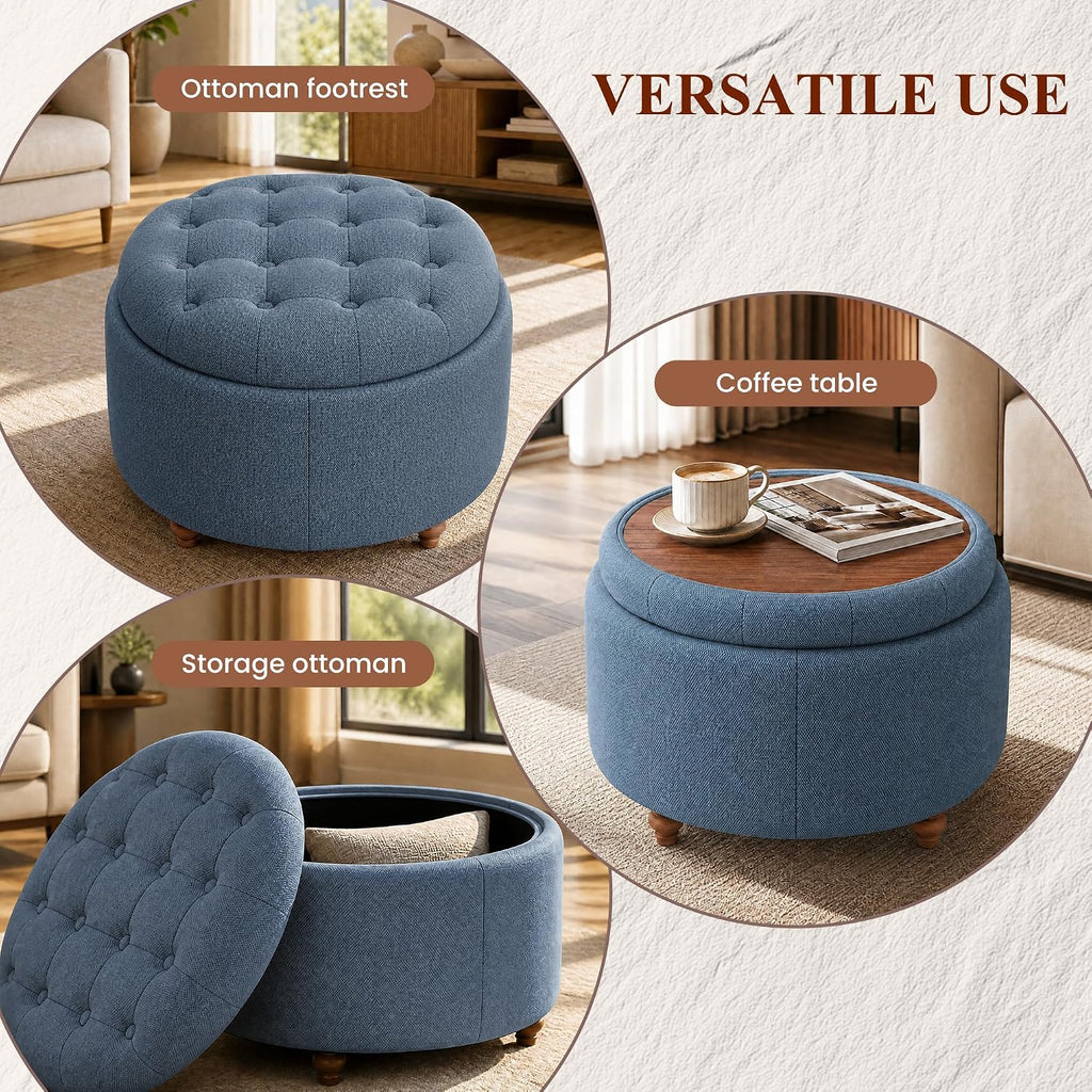 25" Round Ottoman with Storage, Small Coffee Table with Reversible Tray Lid | Tufted Fabric Round Storage Ottoman with Solid Wood Legs, 3-in-1 Footrest for Living Room, Bedroom, Entryway, Blue