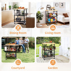 PLKOW Foldable Kitchen Cart with Solild Oak Wood Top, Rolling Kitchen Island on Wheels, 3-Tier Storage Utility Cart for Microwave, Toaster Oven, Small Spaces