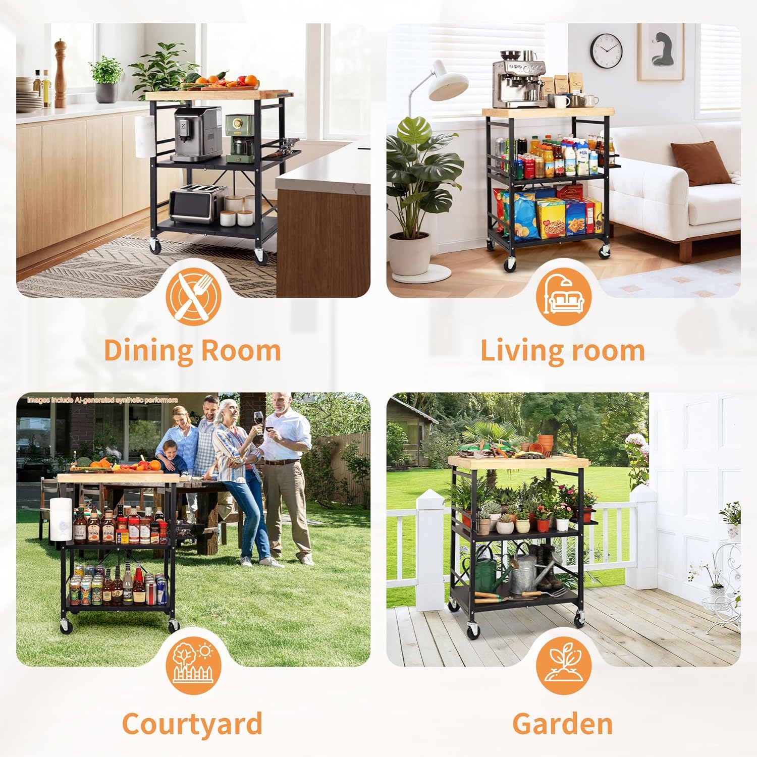 PLKOW Foldable Kitchen Cart with Solild Oak Wood Top, Rolling Kitchen Island on Wheels, 3-Tier Storage Utility Cart for Microwave, Toaster Oven, Small Spaces