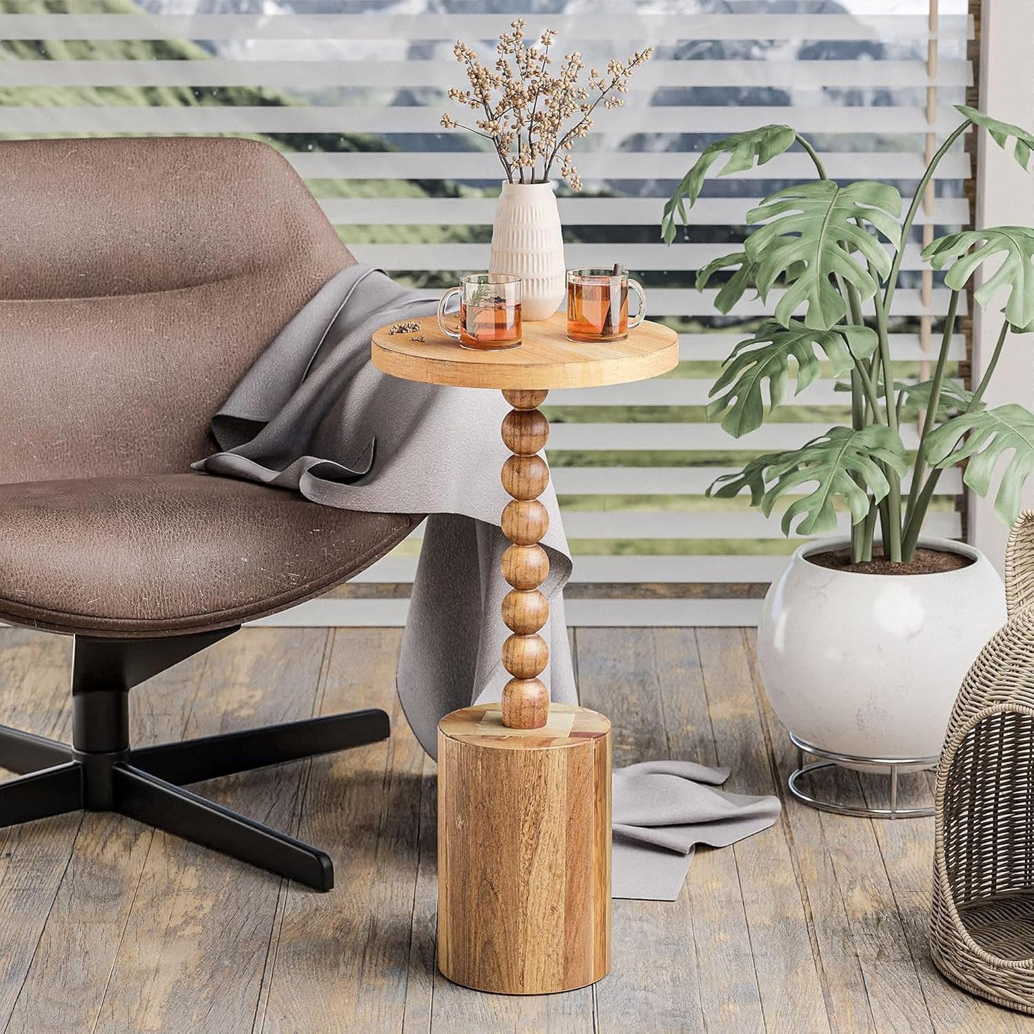 COZAYH Set of 2 Farmhouse Pedestal End Tables, Round Rustic Wood Drink Table with Base Small Space Living Room, Bedroom, Natural Wood Color