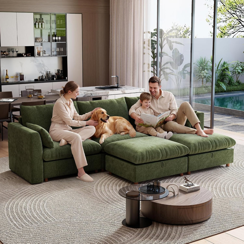 Ihanherry 117" Oversized Modular Sectional Sofa, Modern U Shaped Cloud Couch with 2 Storage Ottoman, 5-Seat Comfy Chenille Deep Seat Sofa with 2 Pillows for Living Room, Green