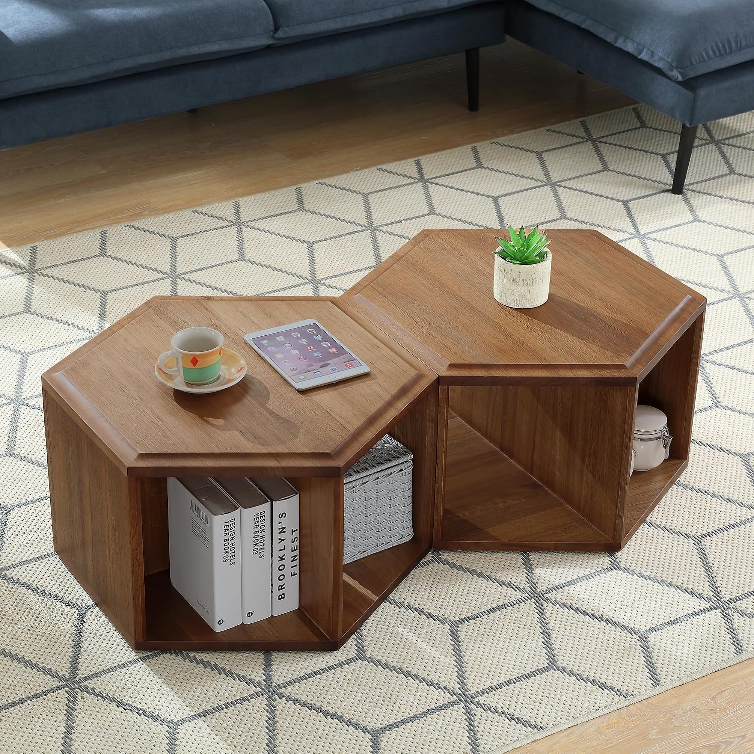 LEEMTORIG Hexagonal Narrow Solid Wood End Table, Multi Purpose Coffee Table with 2-Tier Storage Shelves, Modern Cherry Walnut Side Table for Living Room, 22.3" Dx13.9 Wx19.4 H, No Assembly, CJ-005