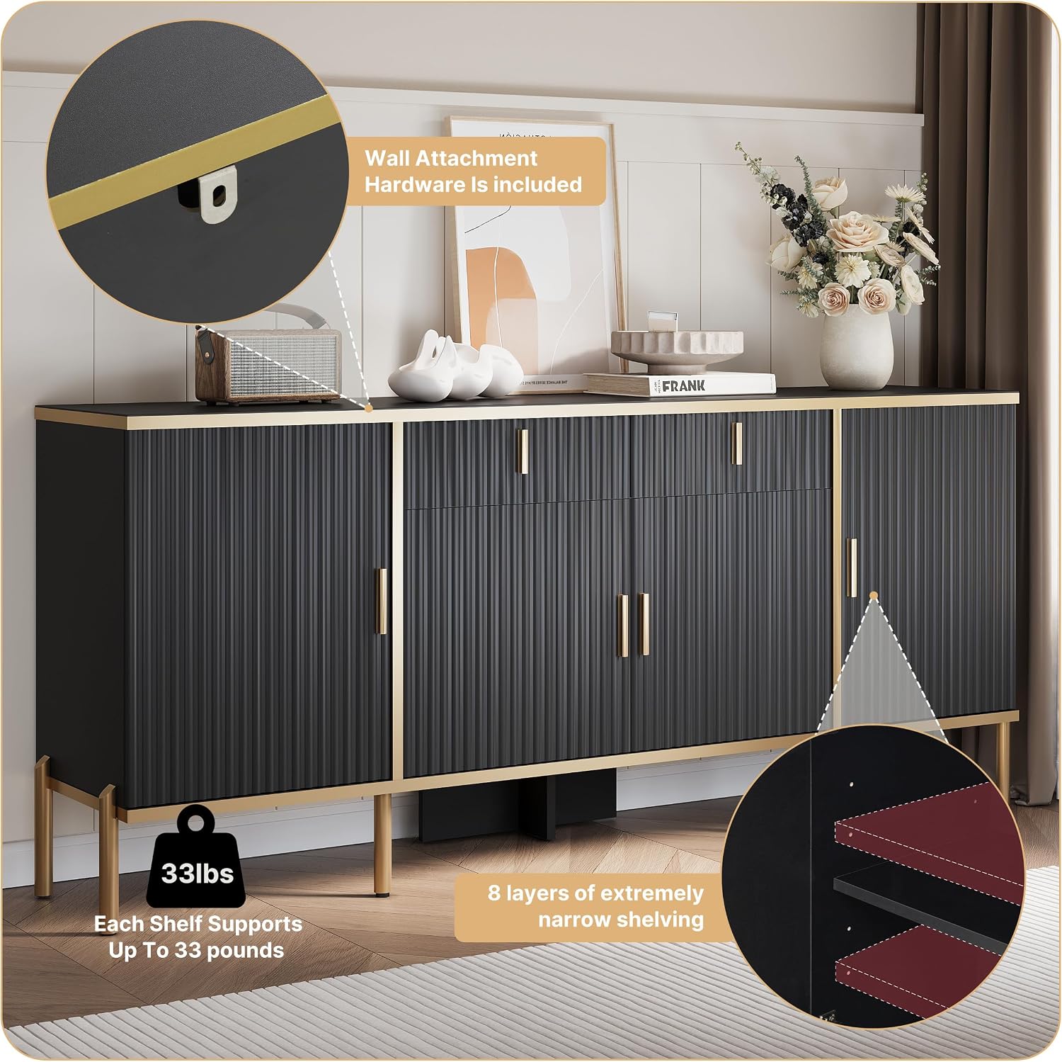oneinmil 60” Modern Sideboard Buffet Cabinet, Fluted Storage Sideboard with Adjustable Shelves & Pop-Up Doors, Multifunctional Accent Cabinet for Kitchen, Living Room, Hallway, Black and Gold