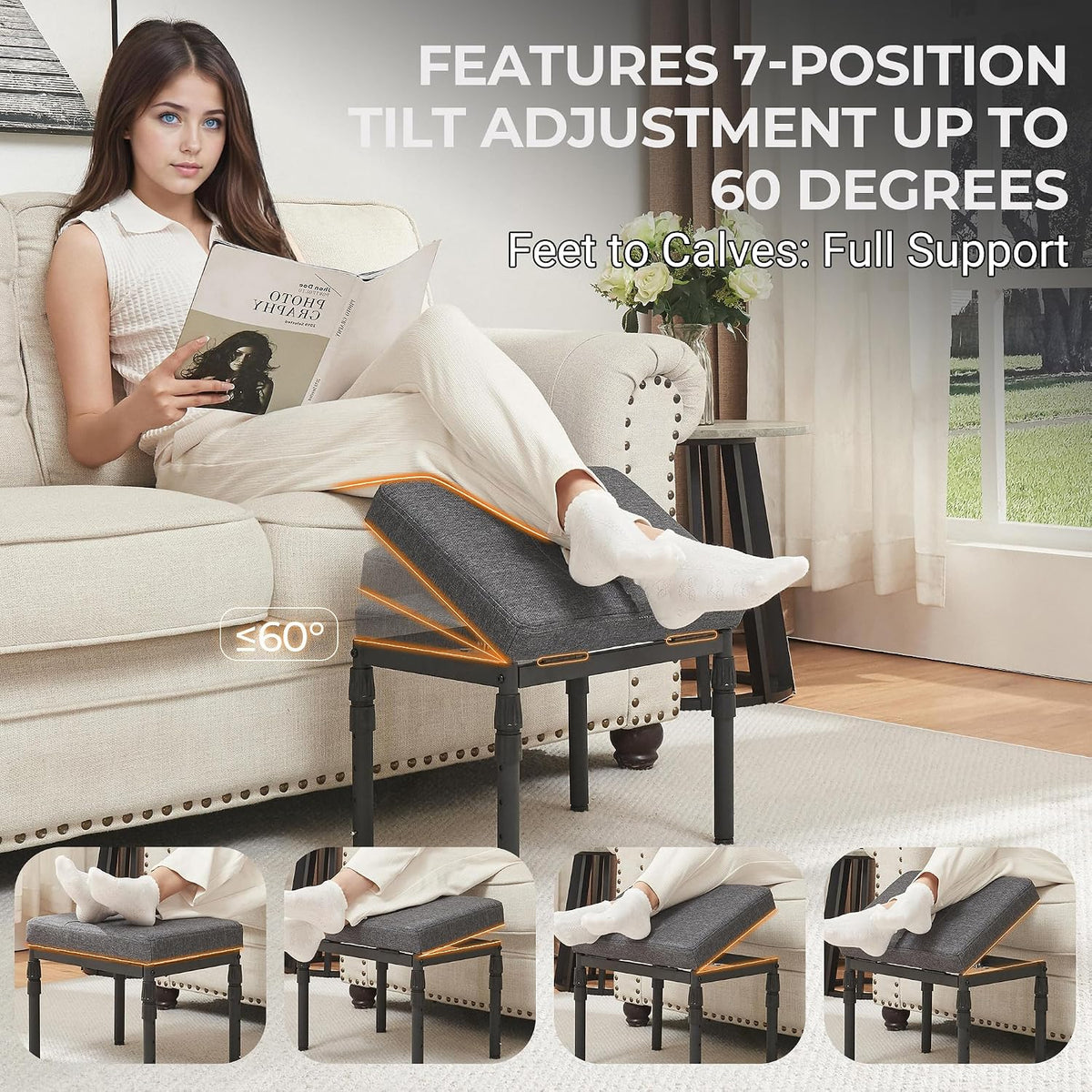 TIOPGHAD Adjustable Ottoman Pouf Footrest, 60 Degree Tilt, Carbon Gray | 4-Height, 28 Positions, Iron frame, Foam Cushion, 15.74 x 11.81 x 13.34 in, Under Desk, Living room, Home Office