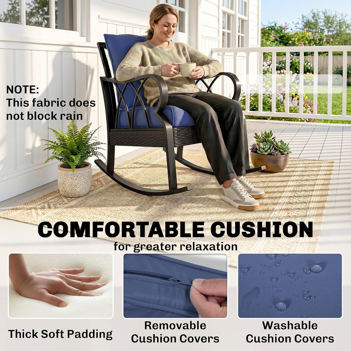 Outsunny 2 Piece Outdoor Wicker Rocking Chairs with Padded Cushions, Aluminum Furniture Rattan Porch Rocker Chairs w/Armrest for Garden, Patio, and Backyard, Blue