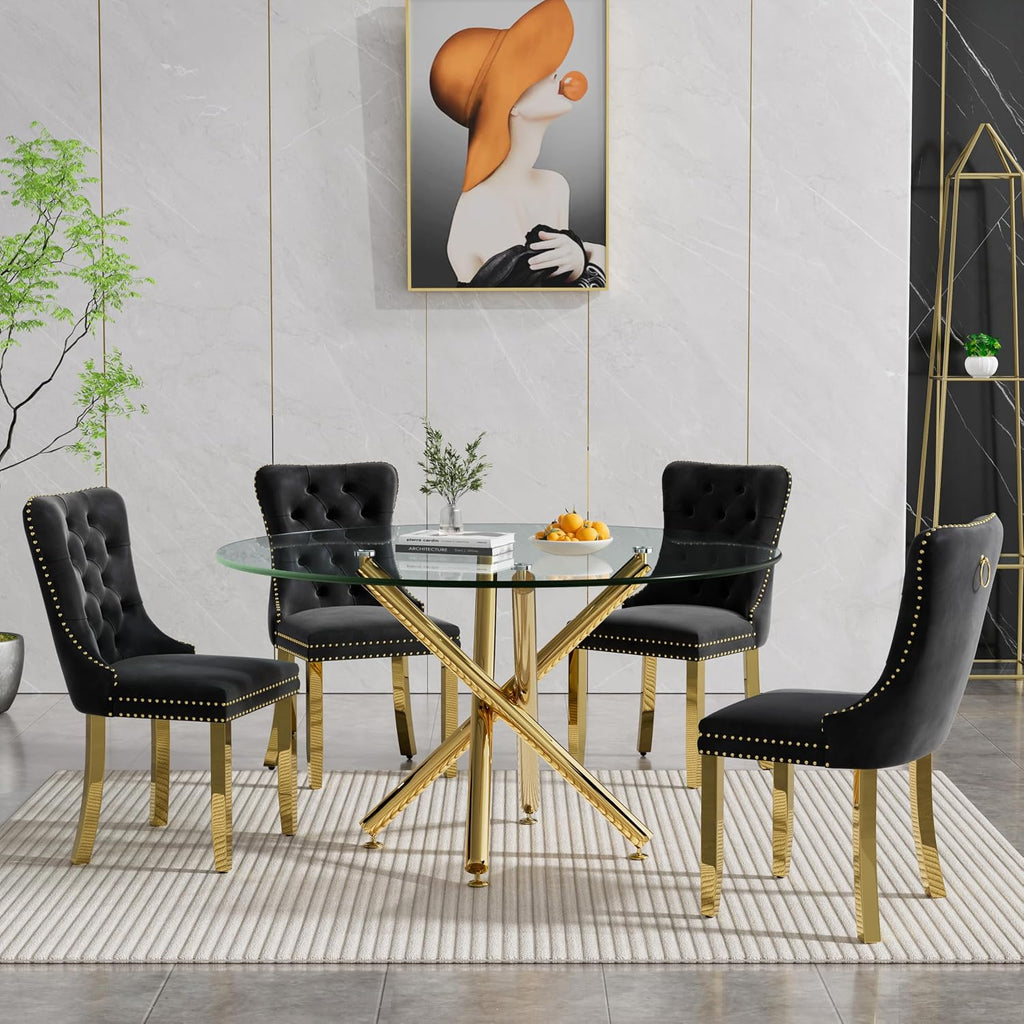 Round Glass Dining Table Set for 4, Small Kitchen Table Set for 4, 47" Circle Gold Glass Dinner Table for 4 with Black Velvet Chairs, 5 Piece Dining Room Table Set for 4 for Breakfast Dinette Cafe