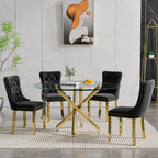 Round Glass Dining Table Set for 4, Small Kitchen Table Set for 4, 47" Circle Gold Glass Dinner Table for 4 with Black Velvet Chairs, 5 Piece Dining Room Table Set for 4 for Breakfast Dinette Cafe