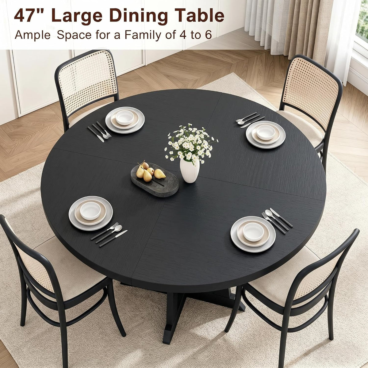 GarveeHome Round Dining Table for 4, 47 Inches Dining Room Table with Wooden Base, Kitchen Table with Circle Tabletop, Dinner Table for Dining Room, Kitchen, Living Room, Black