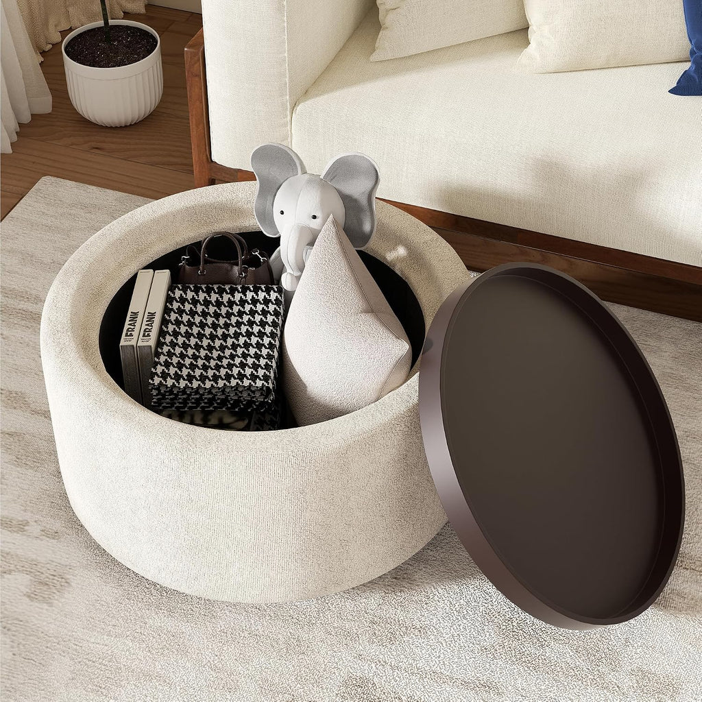 30" Round Ottoman with Storage Circular Coffee Table with Removable Wood Top and Solid Wood Legs Modern Upholstered Ottoman for Living Room Bedroom Apartments White
