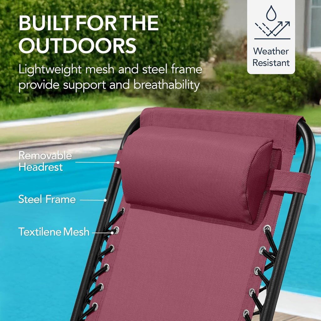 Best Choice Products Outdoor Zero Gravity Rocking Chair, Folding Reclining Patio Lounge Chair with Adjustable Pillow for Lawn, Beach, Camping - Burgundy