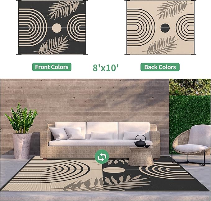GENIMO Outdoor Rug 8' x 10' Waterproof for Patio Clearance, Reversible Lightweight Plastic Straw Camping Carpet, Large Area Rugs Mats for Rv, Backyard, Deck, Porch, Picnic, Balcony, Mix-Black & Beige