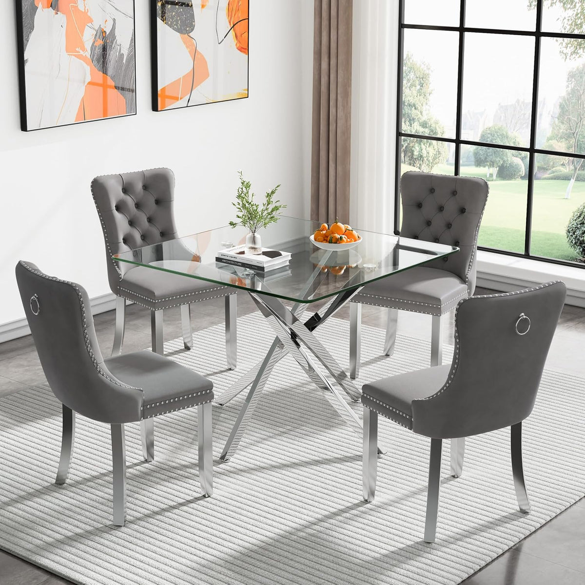 Glass Dining Table,36'' Square Dining Kitchen Table,Modern X-Design Dining Room Table with Silver Metal Base for Dining Room