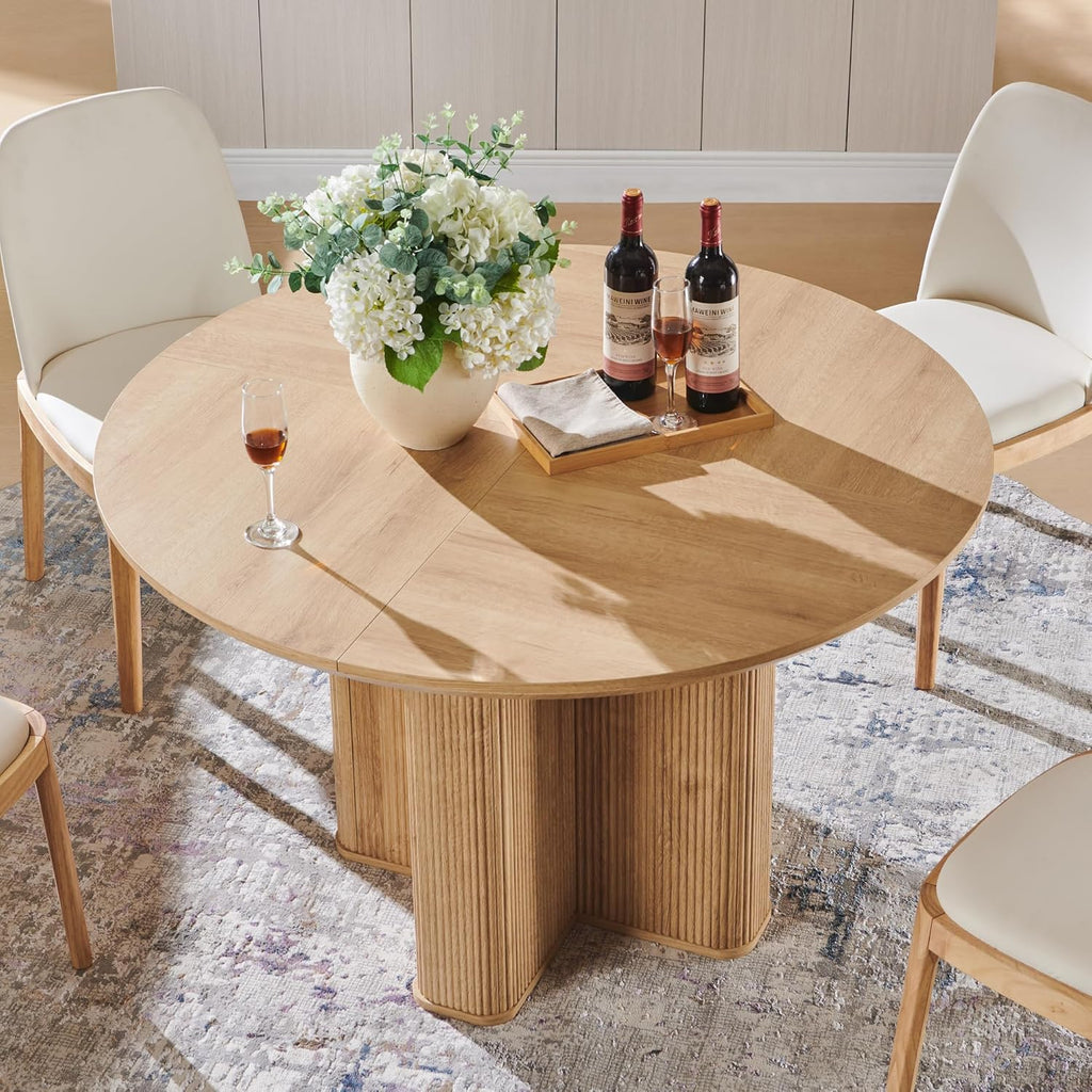 T4TREAM 47" Fluted Round Dining Table for Kitchen Living Room, Natural Oak | Mid Century Modern Kitchen Table,Seats 4-6,Thickened Edge and Sturdy Reeded Pedestal Base