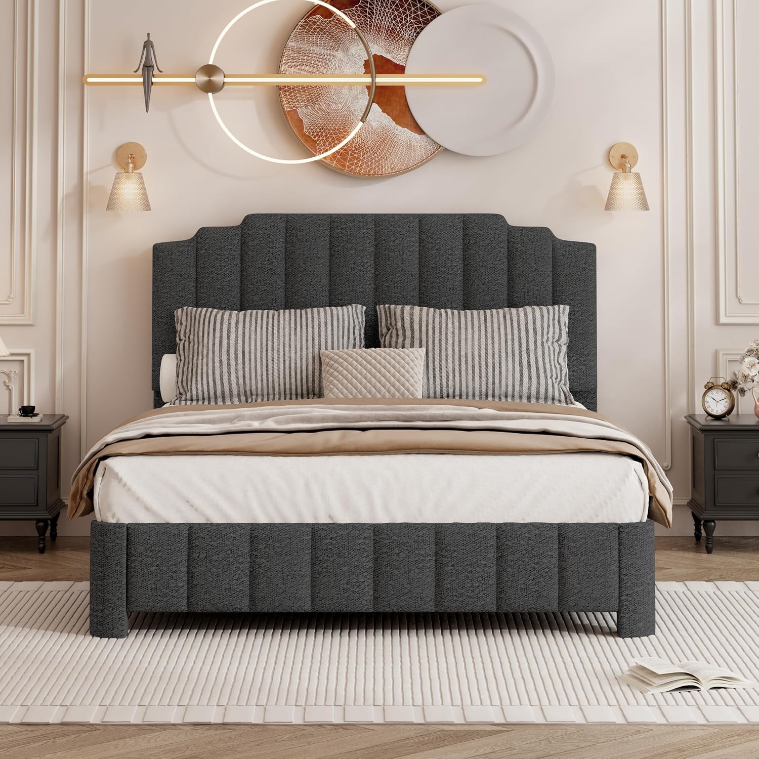 Queen Bed Frame with Adjustable Headboard, Boucle Queen Size Bed Frame