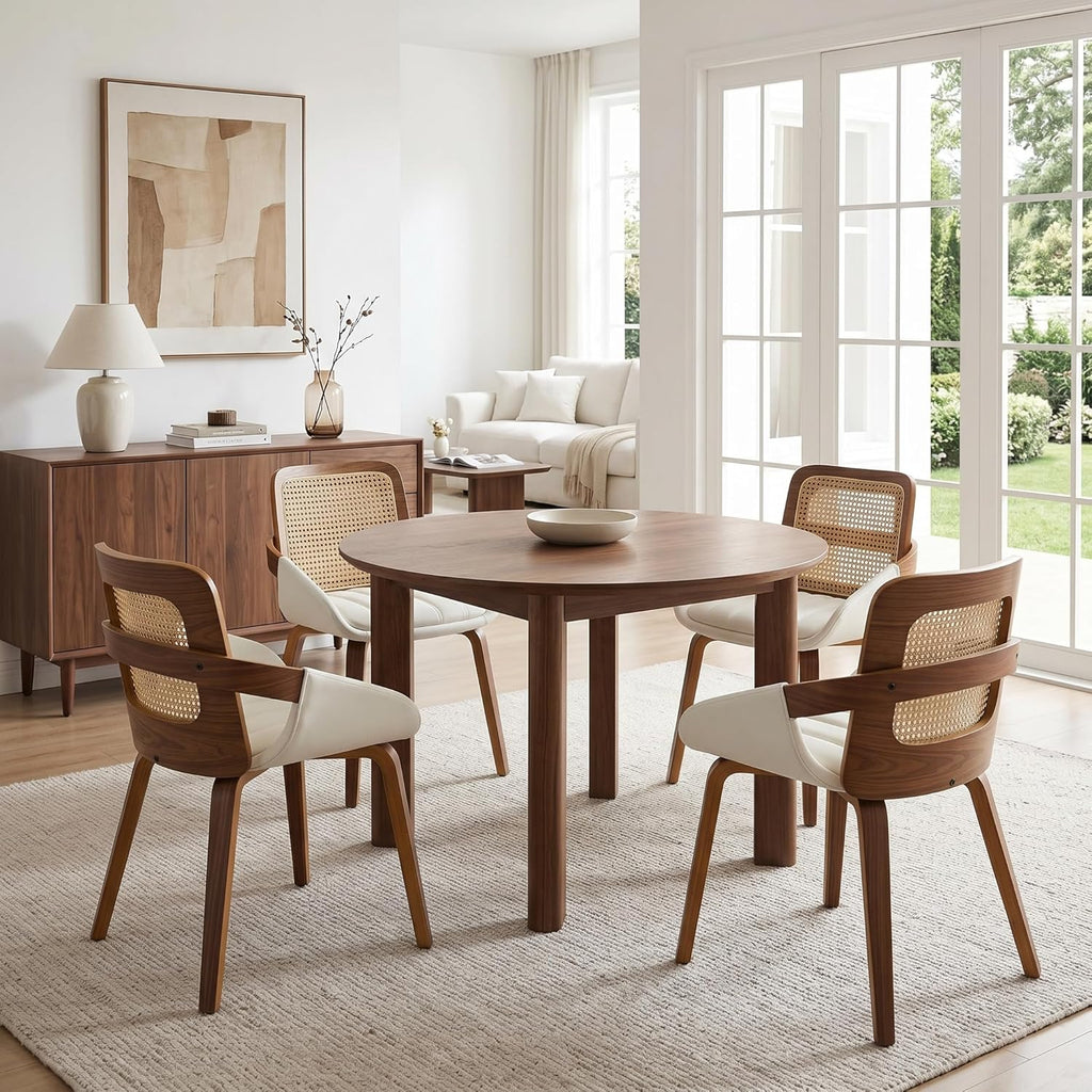 DUOMAY Modern PU Leather Dining Chairs Set of 4, Cane Back Room Chairs with Solid Wood Legs Kitchen Chairs for Living Room, Restaurant, White