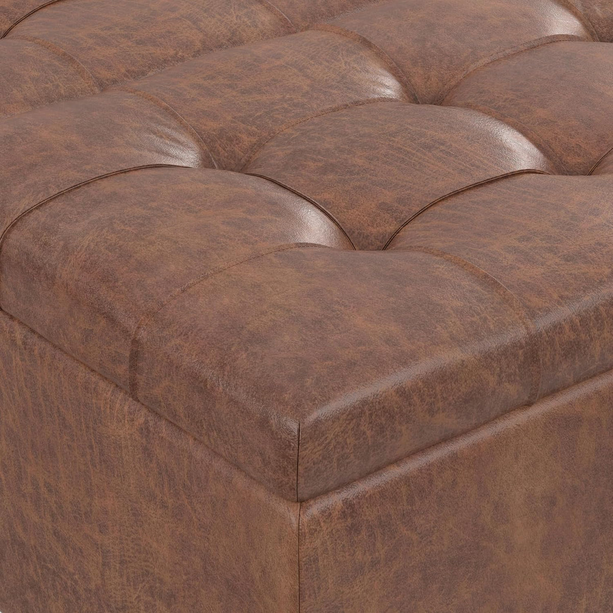 SIMPLIHOME Harrison Coffee Table Storage Ottoman - 36 inch Wide Upholstered Vegan Leather Square Lift-Top Ottoman in Distressed Pecan Brown, Transitional Ottoman for Living Room with Storage