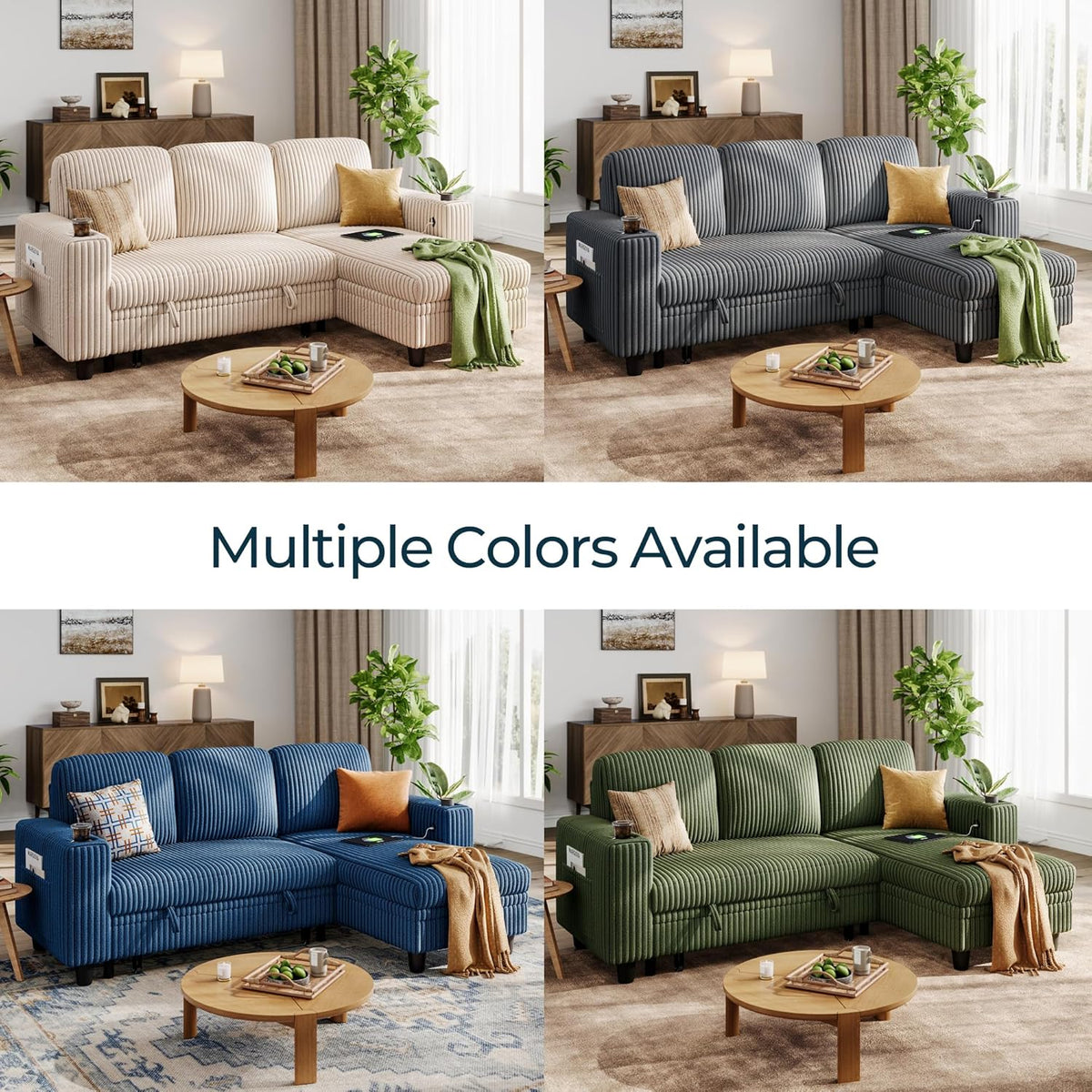 LINSY HOME Sectional Sleeper Sofa Pull Out Couches for Living Room (Green, Sleeper Sofa 1) | Pull Out Sofa Bed, Storage, USB Charging, Cup Holders, Plush Corduroy