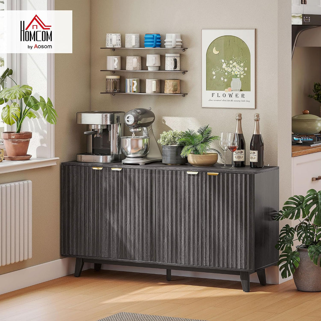 HOMCOM Sideboard Buffet Cabinet with Storage, 55" Fluted Modern Buffet Table Coffee Bar Console Cabinet with 2 Adjustable Shelves, 4 Doors for Dining Room, Living Room, Hallway, Dark Gray