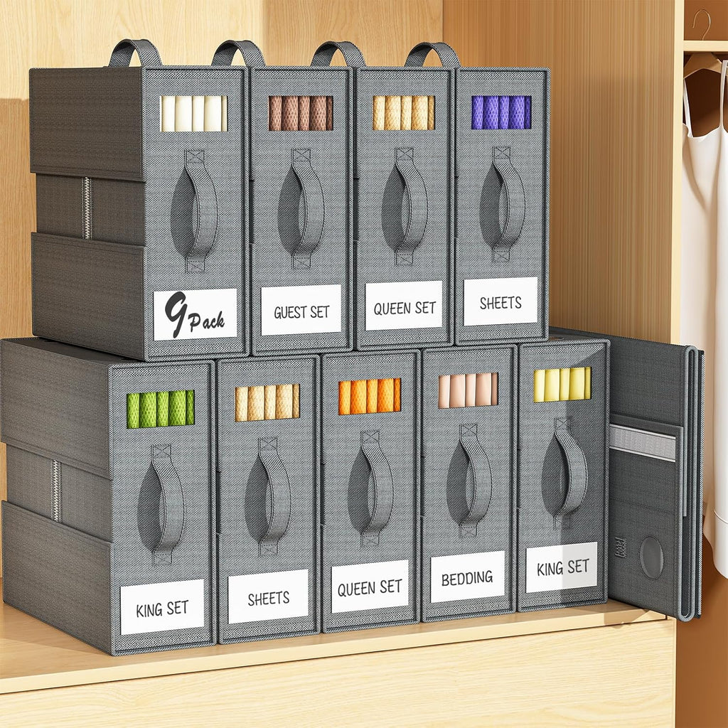 9 Pack Sheet Organizers and Storage, Bed Sheet Organizer | Large Sheet Storage Organizer for Linen Closet, Bedding Storage Boxes, Closet Organizers and Storage for Clothing, Blankets