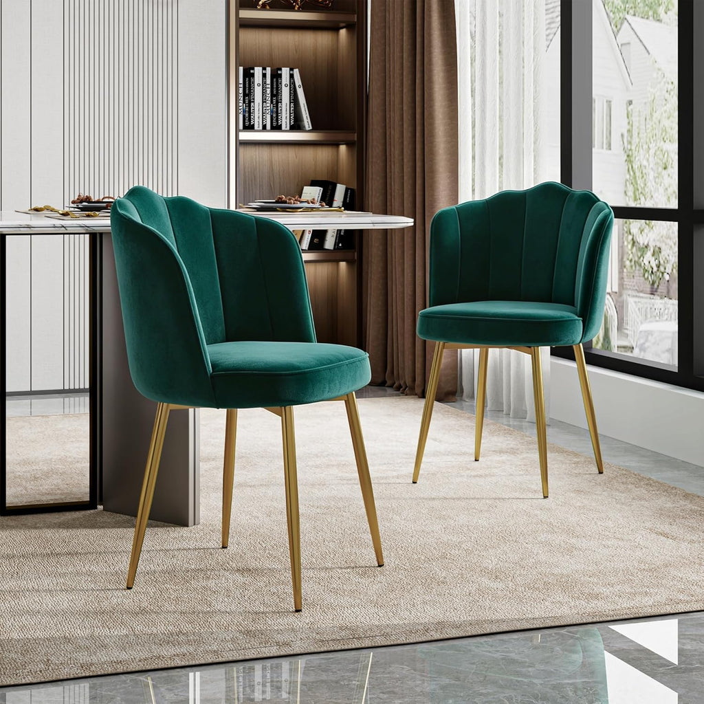 VECELO Velvet Dining Chairs Set of 2, Modern Upholstered Kitchen Chairs with Thick Cushions, Curved Padded Backrest and Metal Legs, for Kitchen, Dining Room, Living Room, Green