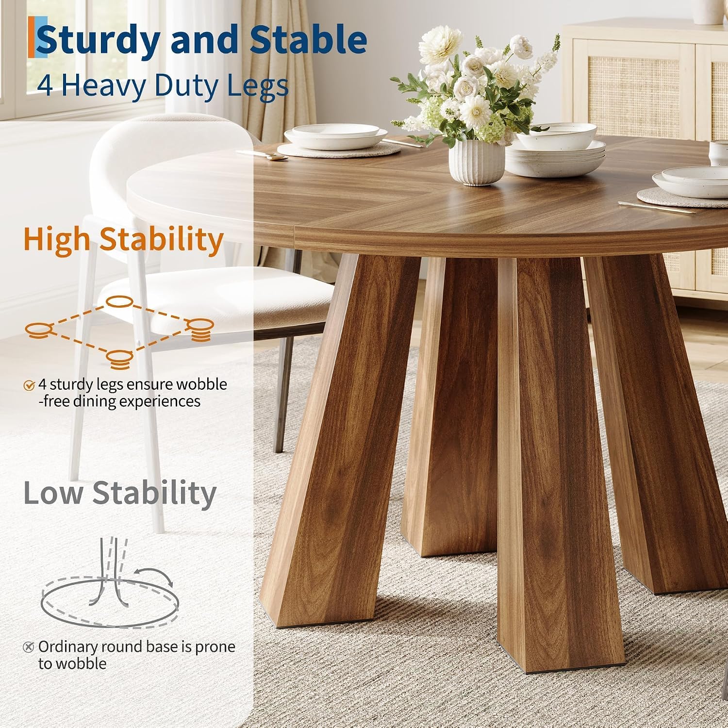 GarveeHome Round Dining Table for 4 People, Round Kitchen Table for Kitchen & Dining Room, Walnut(Table Only, 47 Inch)