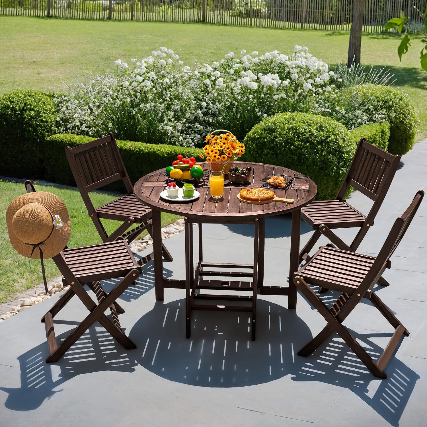 Devoko 5 PCS Patio Furniture, Patio Dining Set Acacia Wood Outdoor Table and Chairs, with 4 Folding Chairs and 37" Round Movable Table, Outdoor Dining Set for Lawn, Balcony, Garden (Deep Brown)