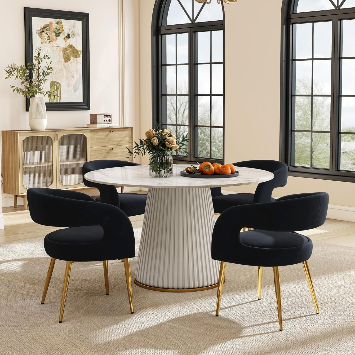 Hyfirm Black Barrel Dining Chairs Set of 4, Upholstered Velvet Dining Room Chairs with Gold Legs Hollow Back Modern Comfy Armchairs for Kitchen Recepition Restaurant