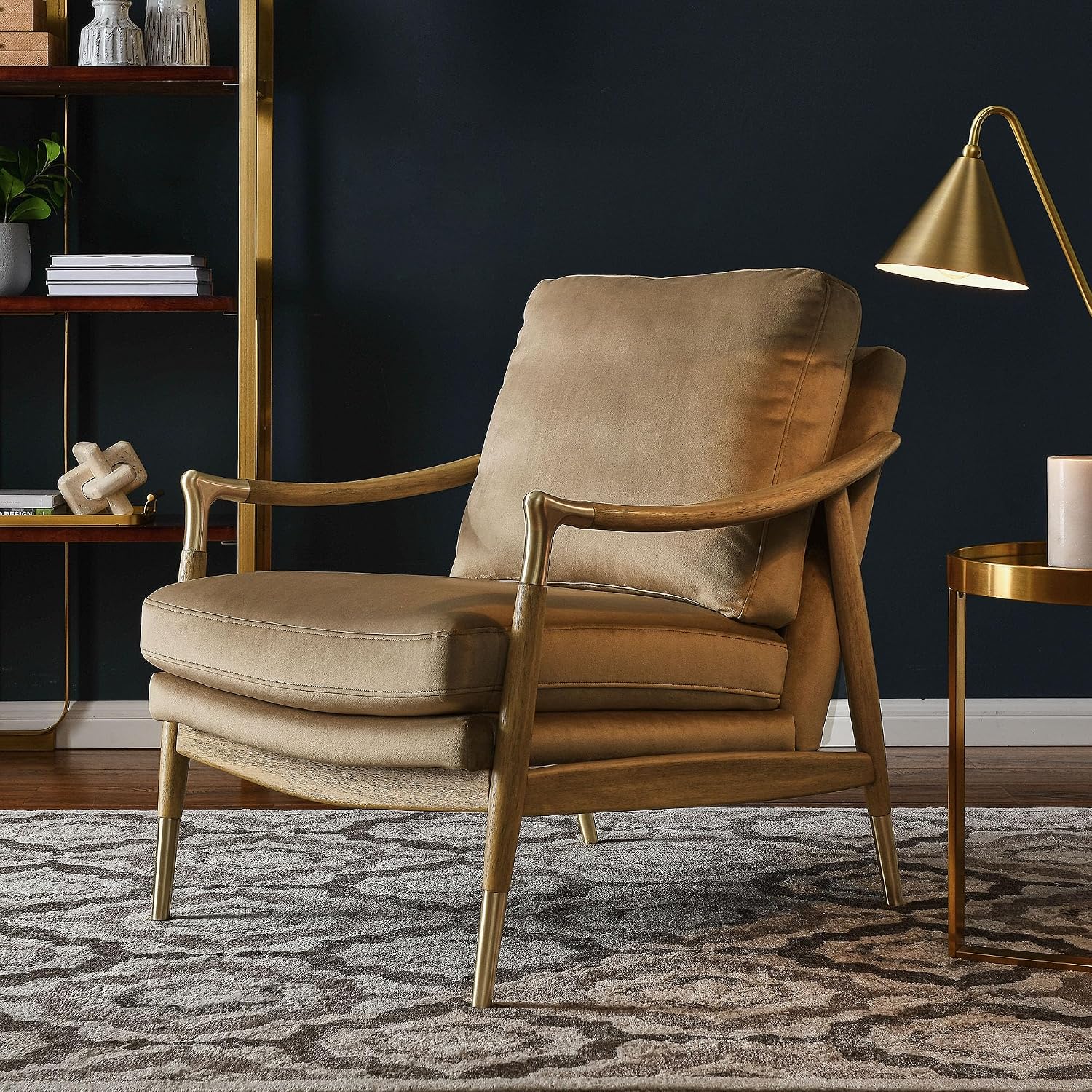 Modway Langford Stain-Resistant Performance Velvet Armchair – Mid Century Modern Velvet Chair with Wood Frame – Upholstered Accent Chair for Living Room or Bedroom