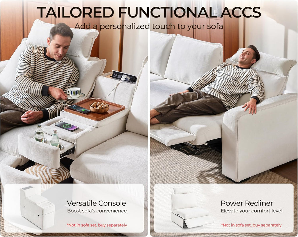124.8'' Oversized Modular Sofa Comfy Cloud Couch with Storage Wide L-Shaped Sectional Sofa Set with Chaise for Living Room, Covers Washable, 4-Seater with Ottoman, Chenille, White