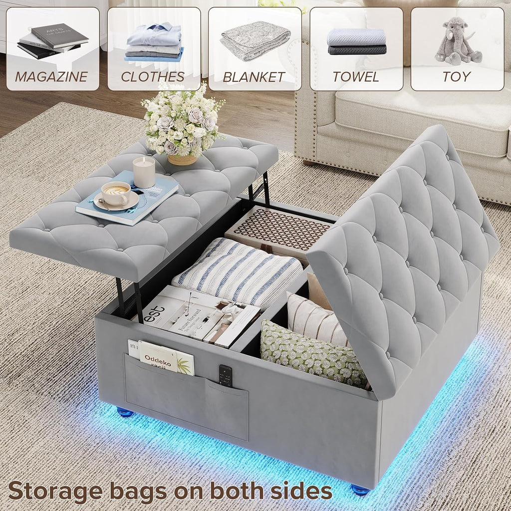 Dnxao Ottoman Coffee Table with Storage and Tray for Living Room, Gray | Tufted Velvet Large Square Ottoman with LED Lights and Charging Station, Multi-Functional Footrest with Storage Pockets
