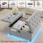 Dnxao Ottoman Coffee Table with Storage and Tray for Living Room, Gray | Tufted Velvet Large Square Ottoman with LED Lights and Charging Station, Multi-Functional Footrest with Storage Pockets