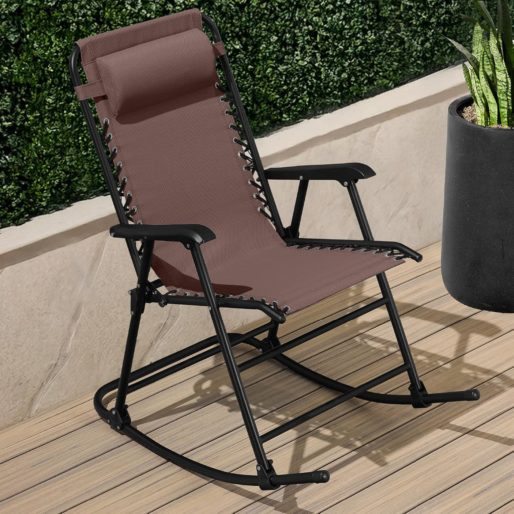 Best Choice Products Outdoor Zero Gravity Rocking Chair, Folding Reclining Patio Lounge Chair with Adjustable Pillow for Lawn, Beach, Camping - Brown